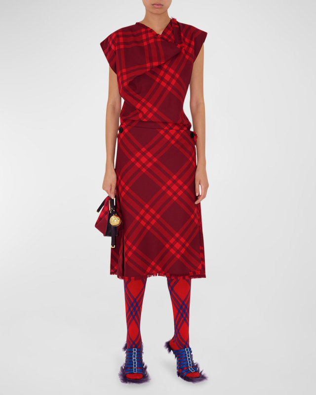 Check Cap-Sleeve Fringe-Edge Wrap Wool Dress